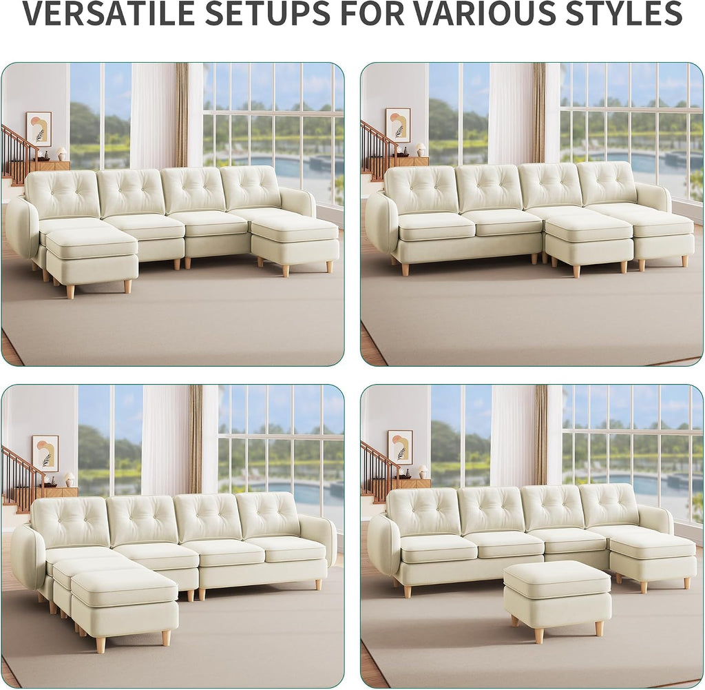 DWVO 107'' Modular Sectional Sofa, 6-Seater Sectional Couch with Curved Armrests and 4 Pillows, Convertible U Shaped Couch with High-Density Memory Foam for Living Room, Beige