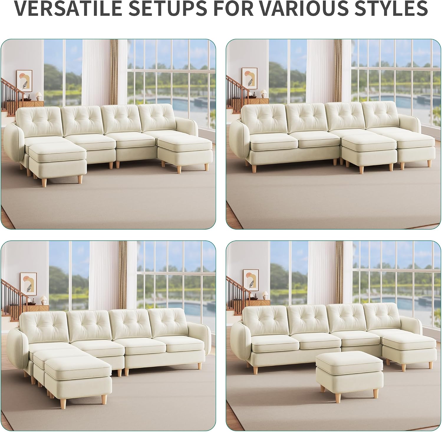 DWVO 107'' Modular Sectional Sofa, 6-Seater Sectional Couch with Curved Armrests and 4 Pillows, Convertible U Shaped Couch with High-Density Memory Foam for Living Room, Beige