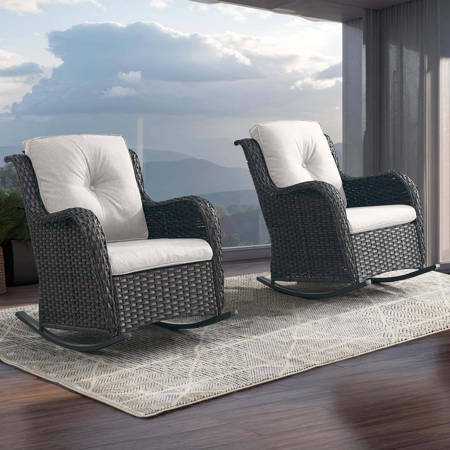 Rilyson Patio Chairs Outdoor Rocking Chair - 2 Piece Wicker Rattan Rocker Chairs Set with High Back and Deep Seating for Porch Deck Garden Backyard(Brown/Beige)
