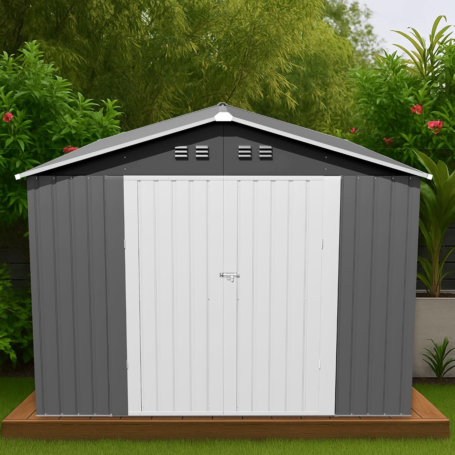10x12 FT Outdoor Storage Shed, Tool Shed Outdoor Storage Large Updated Frame Structure with Double Lockable Doors, Steel Anti-Corrosion Sheds for Backyard, Pool, Patio, Light Gray+White