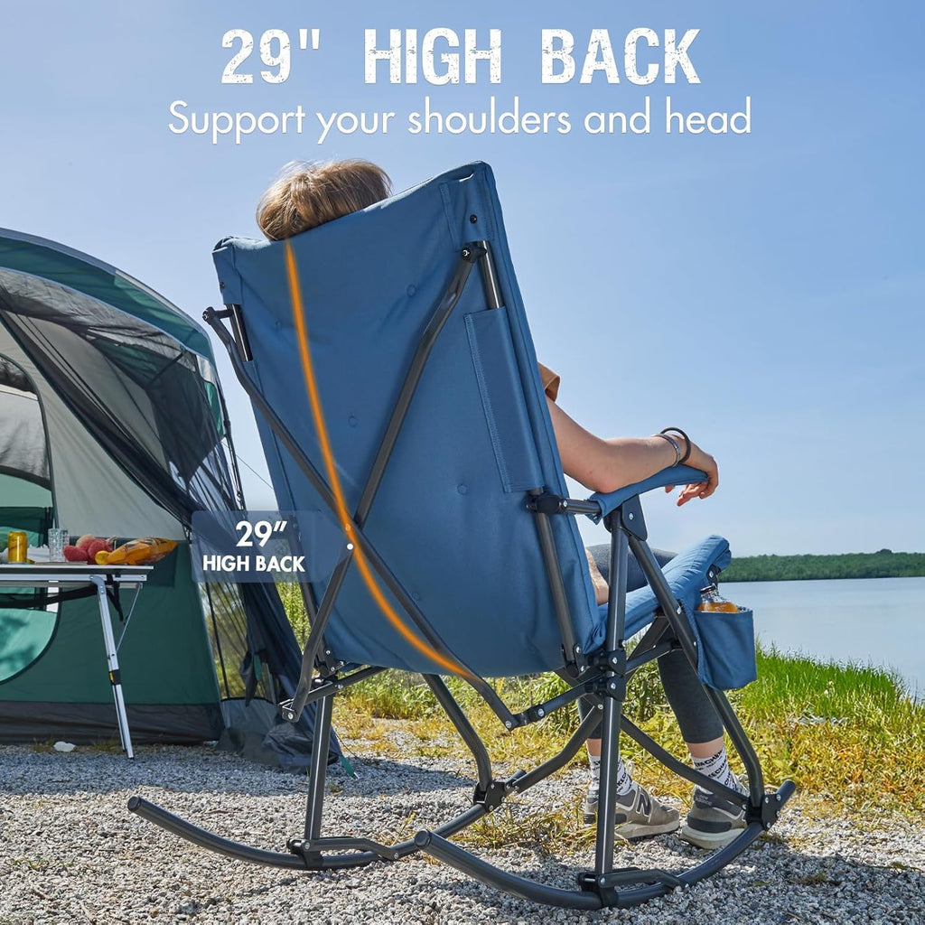 Portal Folding Rocking Camping Chair Outdoor - Thick Padded Rocking Recliner Chair Portable Camping Rocker for Patio Front Porch Backyard Lawn Living Room, Supports 400 LBS