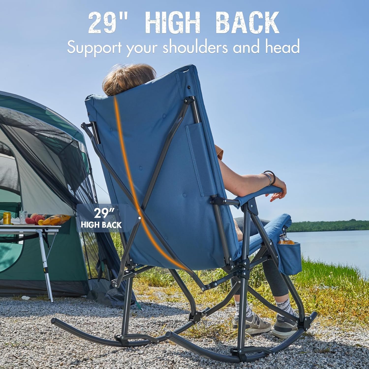 Portal Folding Rocking Camping Chair Outdoor - Thick Padded Rocking Recliner Chair Portable Camping Rocker for Patio Front Porch Backyard Lawn Living Room, Supports 400 LBS