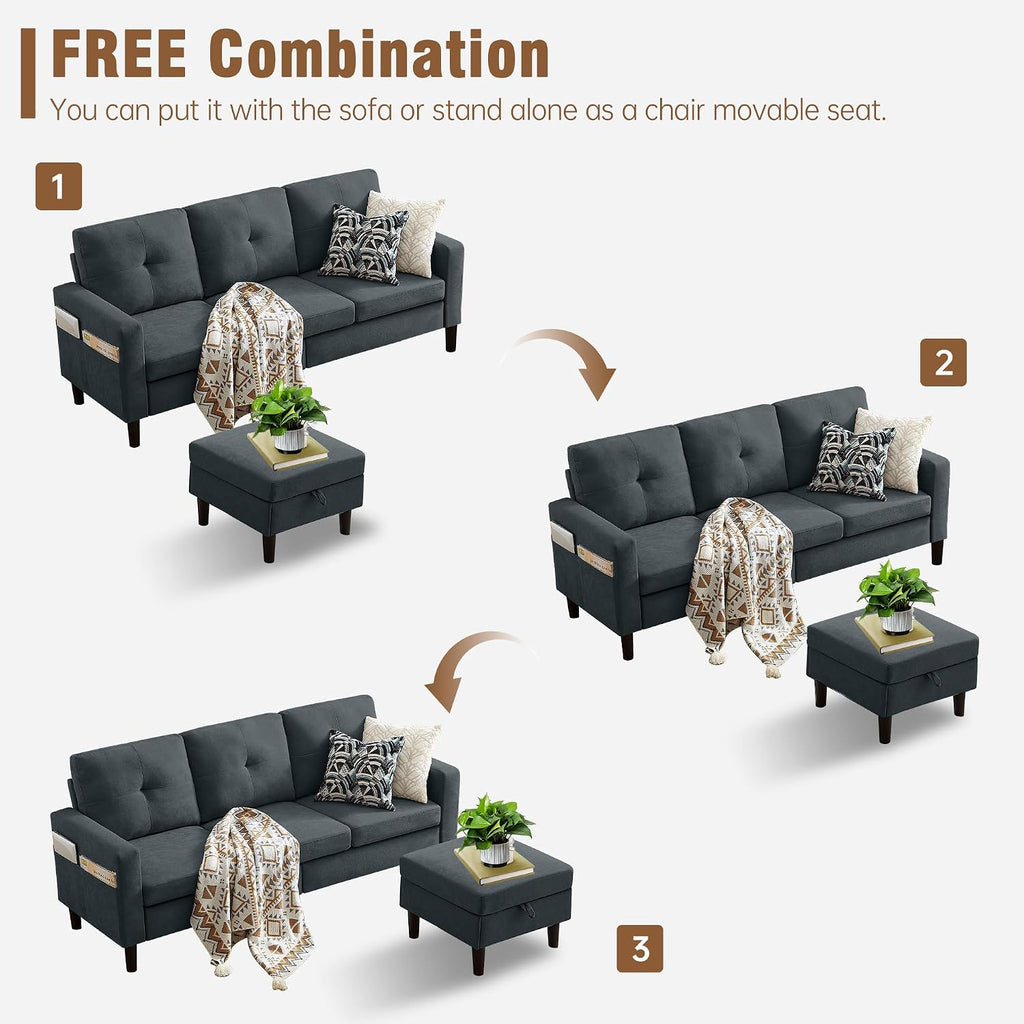 3 Piece Living Room Sofa Sets, Modern 3 Seater Sofa with Storage Ottoman and 2 PSC Armchair Couch Sets, Easy Assembly, Modern 5 Seat Sectional Couches for Living Room, Office,Dark Grey