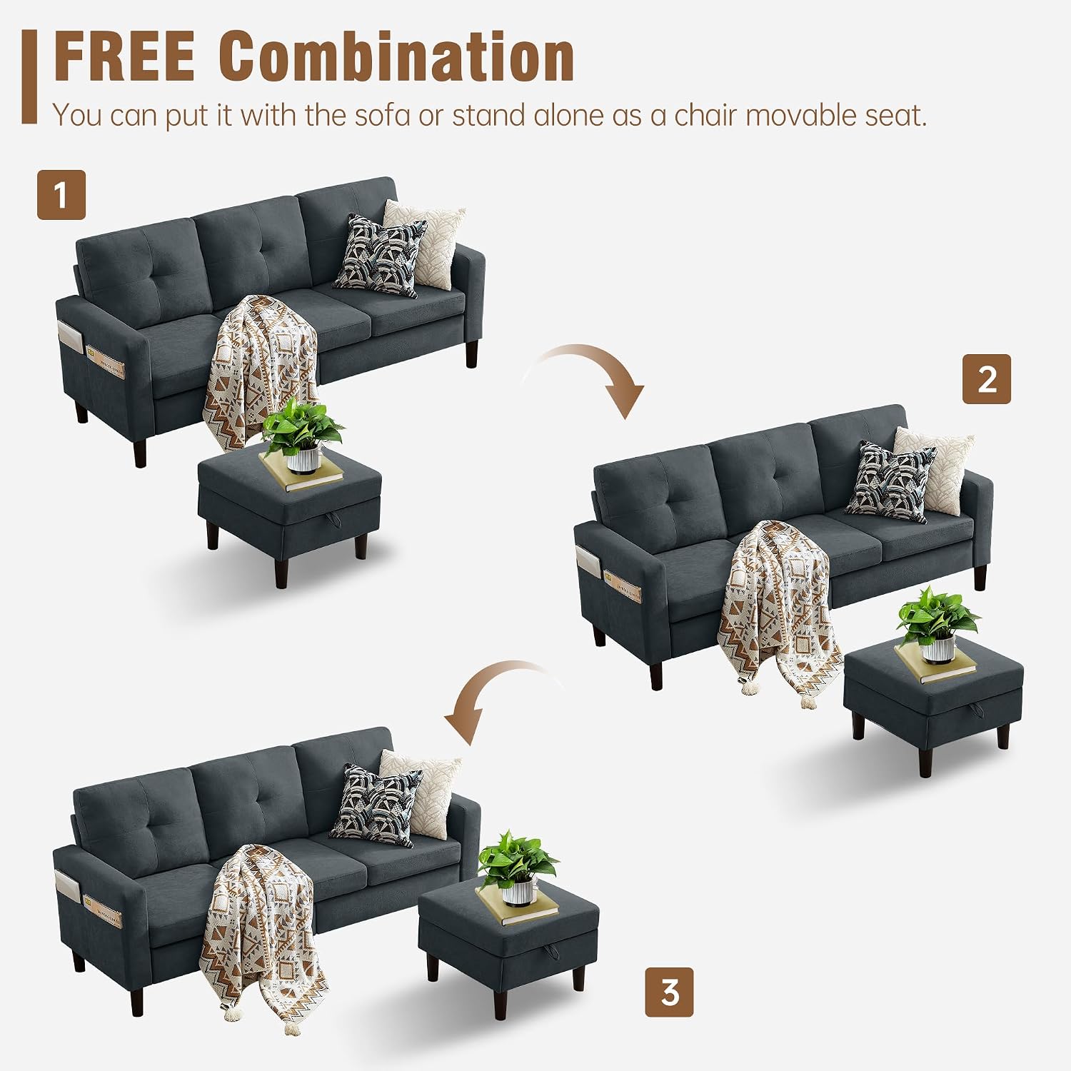 3 Piece Living Room Sofa Sets, Modern 3 Seater Sofa with Storage Ottoman and 2 PSC Armchair Couch Sets, Easy Assembly, Modern 5 Seat Sectional Couches for Living Room, Office,Dark Grey