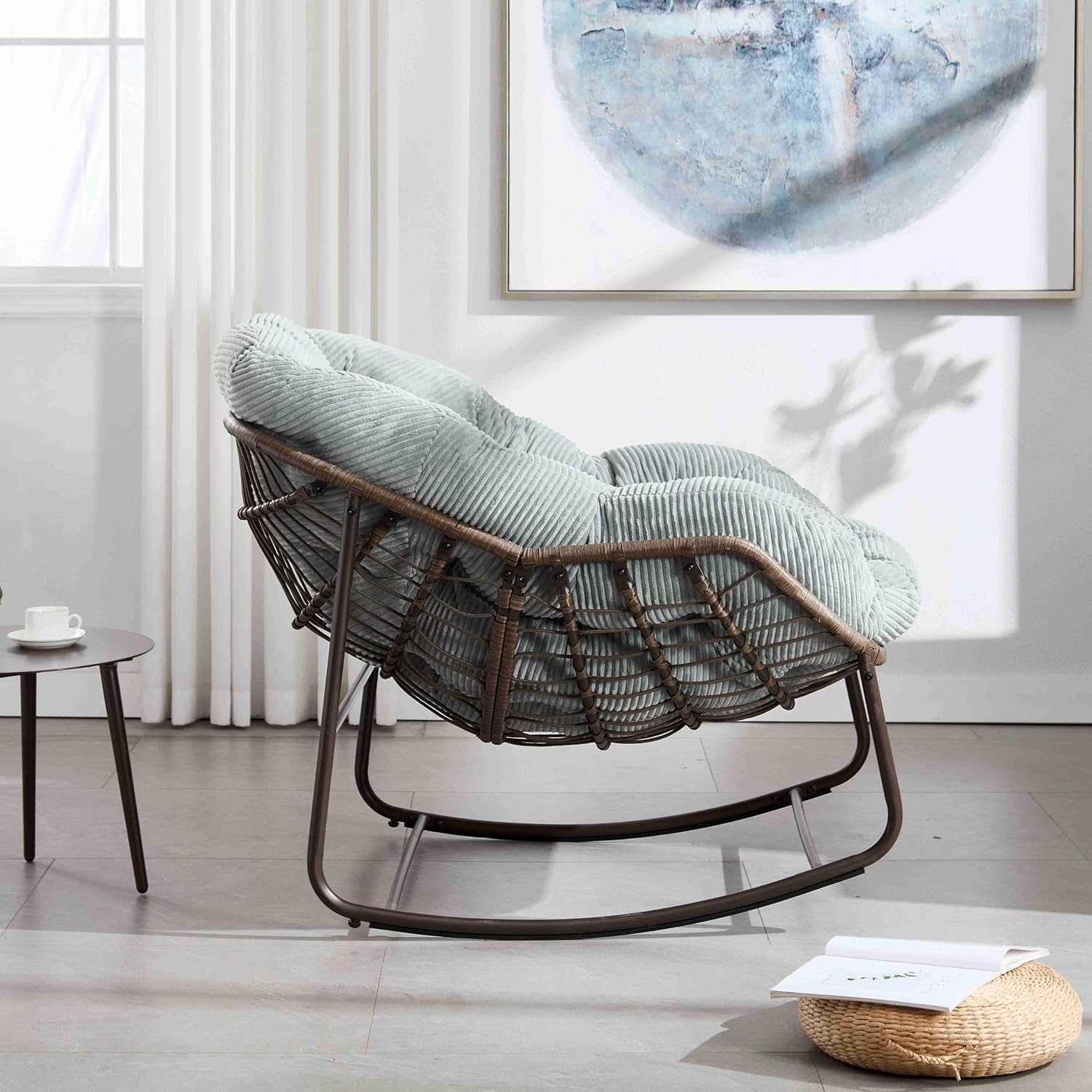 Wicker Outdoor Rocking Chair Rattan Egg Chair with Thick Cushion 30° Smooth Rocking Patio Lounge Reclining for Indoor Outdoor Use Living Room Front Porch Balcony Lawn Garden, Light Blue