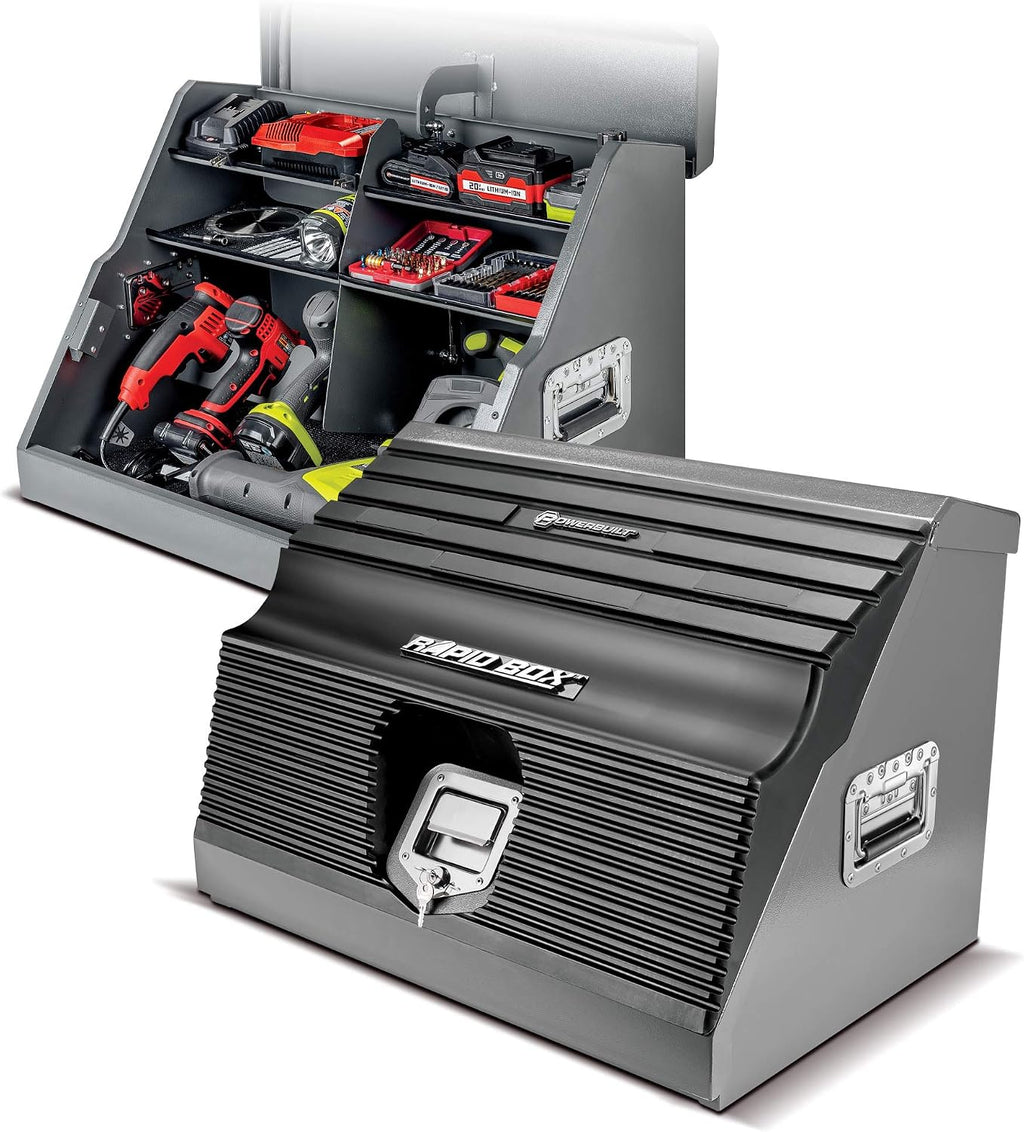 Powerbuilt 26 In. Portable Slant Front Power Tool Locker Toolbox with Power Drill Slots, Storage Compartments, 16 Ga. Steel, Chrome Hardware, Weather-Resistant Locking Polymer Lid, Gas Struts, 941805E