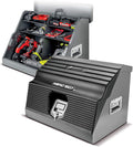 Powerbuilt 26 In. Portable Slant Front Power Tool Locker Toolbox with Power Drill Slots, Storage Compartments, 16 Ga. Steel, Chrome Hardware, Weather-Resistant Locking Polymer Lid, Gas Struts, 941805E