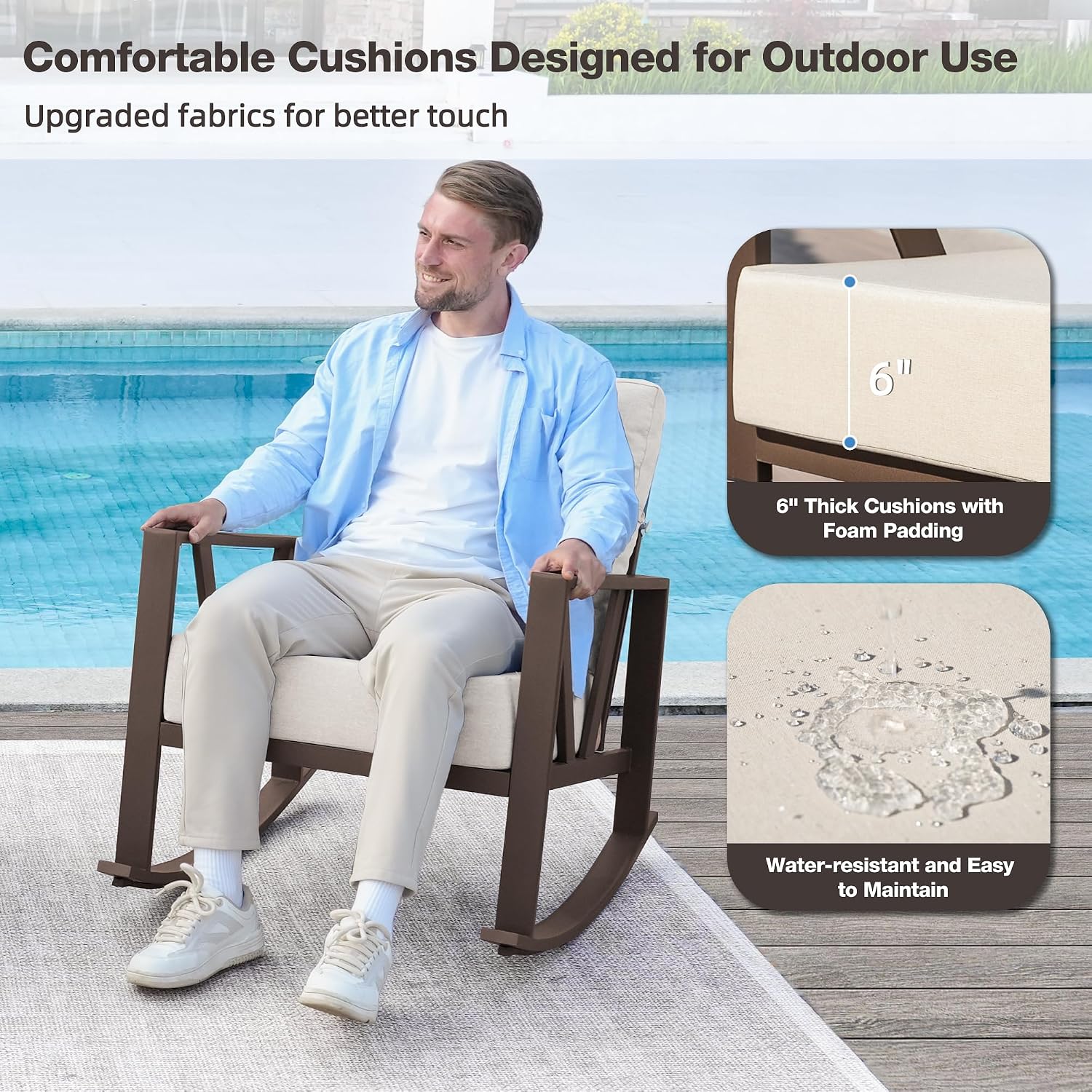 Outdoor Patio Rocking Chairs Set of 2, 3 Pieces Patio Porch Furniture Set with 6' Thick Cushions, Outdoor Bistro Set with Coffee Table, Upgrade Beige