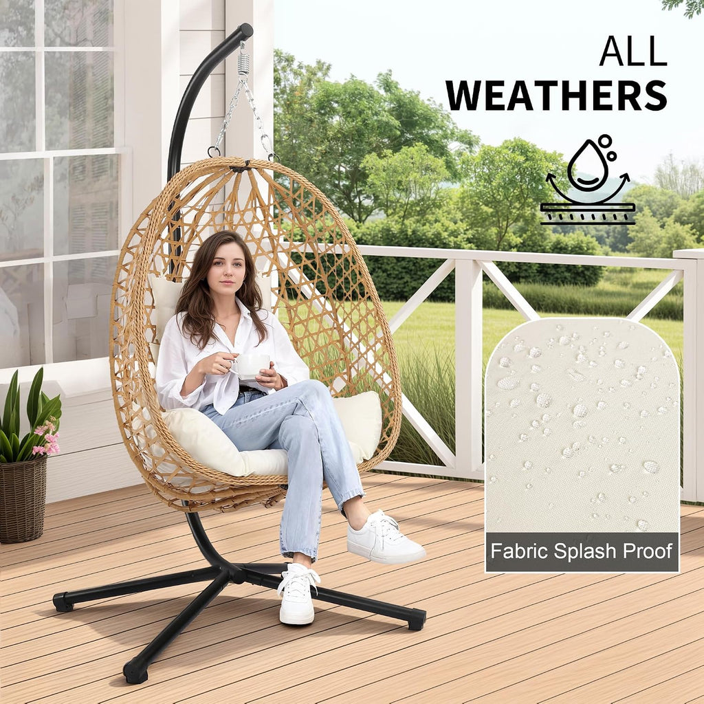 LEX CRAFT Egg Chair with Stand, Patio Wicker Hanging Chair, Hammock Swing Chair, 350LBS Capacity for Bedroom, Balcony, Garden (YE-BE)
