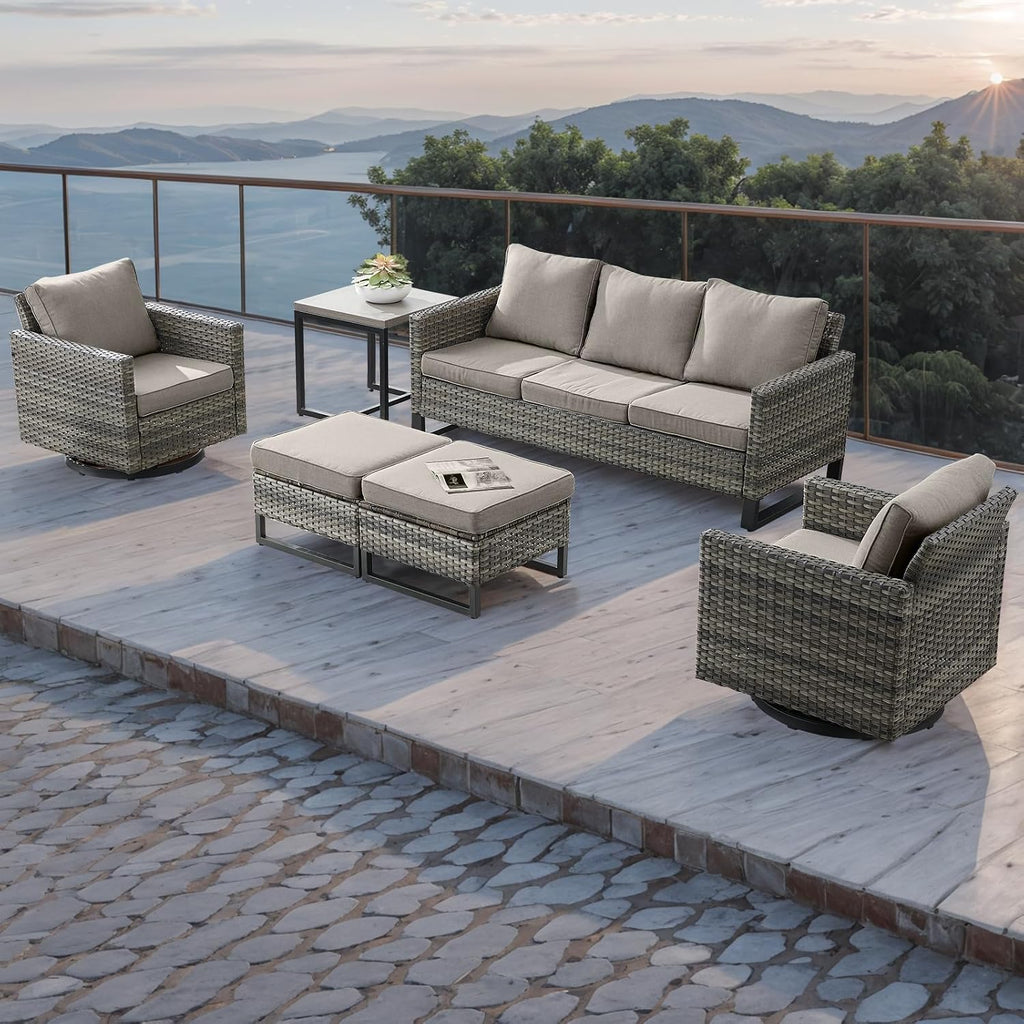 Rilyson Wicker Outdoor Patio Furniture Set - 5 Piece Patio Conversation Set with 2 Swivel Rocker Chairs,2 Rattan Ottoman and 1 Metal Side Table for Outside Porch Deck Backyard Garden(Mixed Grey/Grey)
