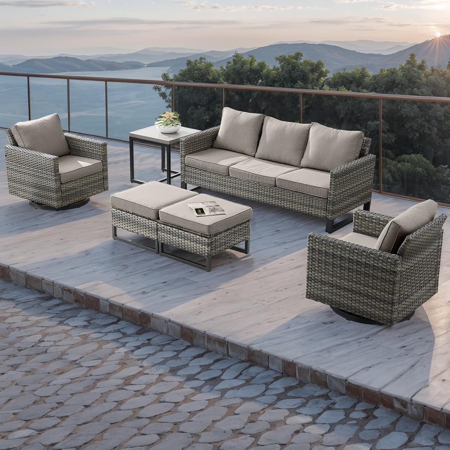 Rilyson Wicker Outdoor Patio Furniture Set - 5 Piece Patio Conversation Set with 2 Swivel Rocker Chairs,2 Rattan Ottoman and 1 Metal Side Table for Outside Porch Deck Backyard Garden(Mixed Grey/Grey)