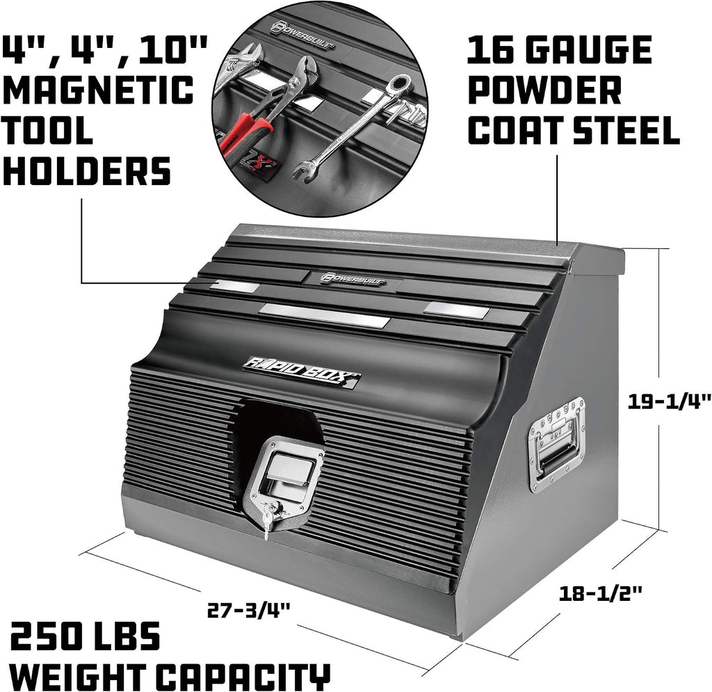Powerbuilt 26 Inch Portable Slant Front Rapid Toolbox Tiered Tool Holders, 16 Gauge Steel, Weather-Resistant Lockable Magnetic Lid, Grey - 240102