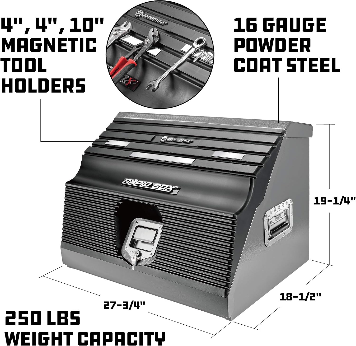 Powerbuilt 26 Inch Portable Slant Front Rapid Toolbox Tiered Tool Holders, 16 Gauge Steel, Weather-Resistant Lockable Magnetic Lid, Grey - 240102
