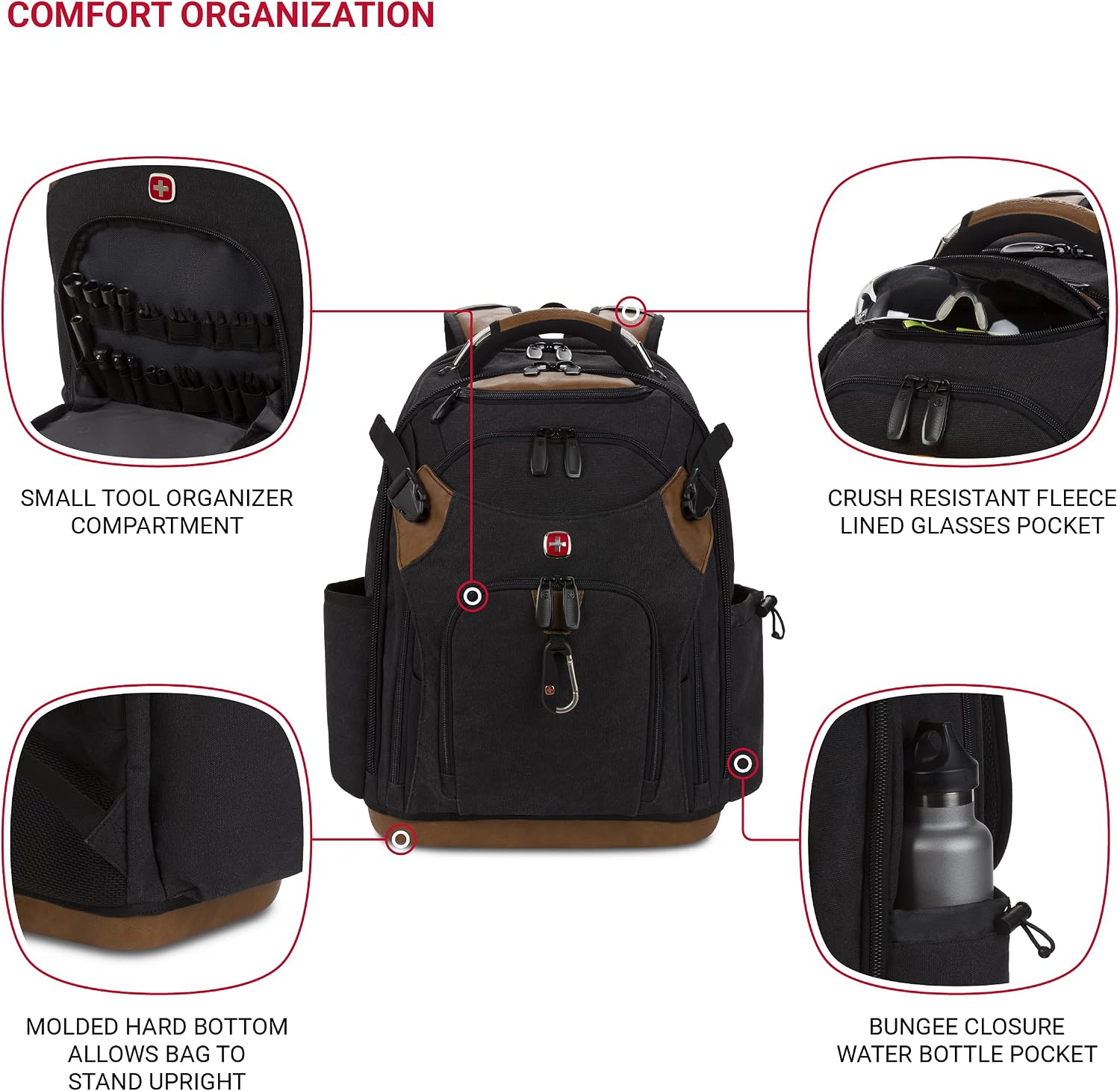 SwissGear Tool Bag Backpack, Fits Up to 17-Inch Laptop, Work Pack PRO, Black/Brown Canvas