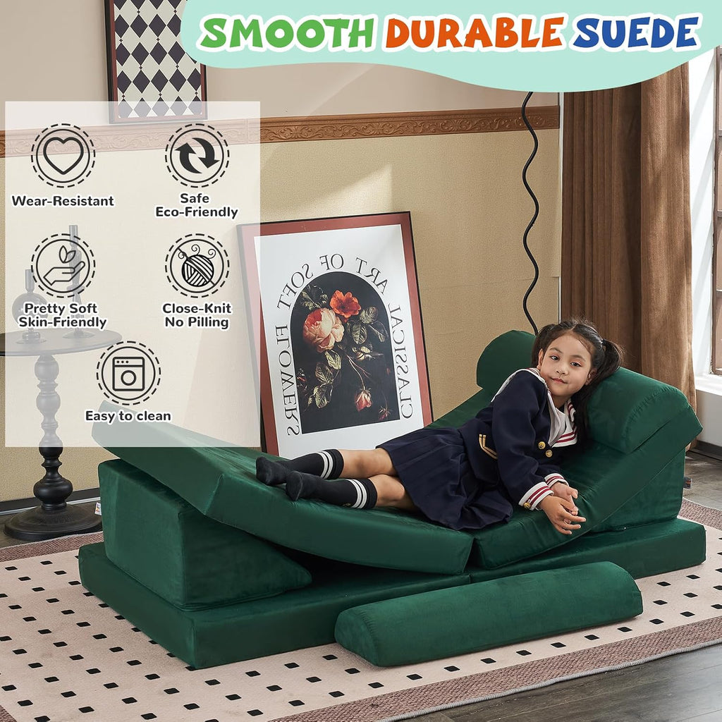 jela Kids Couch Safety Certified Play Couch Soft Kids Sofa with Machine Washable Cover Thick Foam Fort Building Set for Playroom Indoor (57'x28'x18', Pine Green)