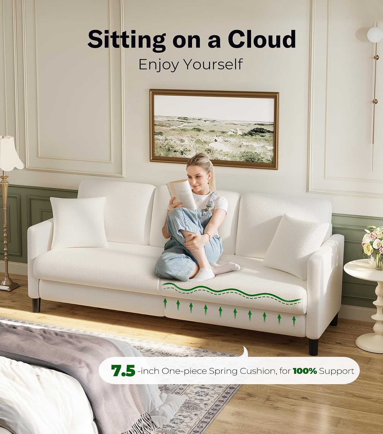 Welzona 83' Couches for Living Room, Teddy Sofa Couch, Comfy Sofas for Living Room, Tool-Free Setup Loveseat Sofa, All-Wood Love Seat Couches, Small Couch 2 Pillows Included, Cream White
