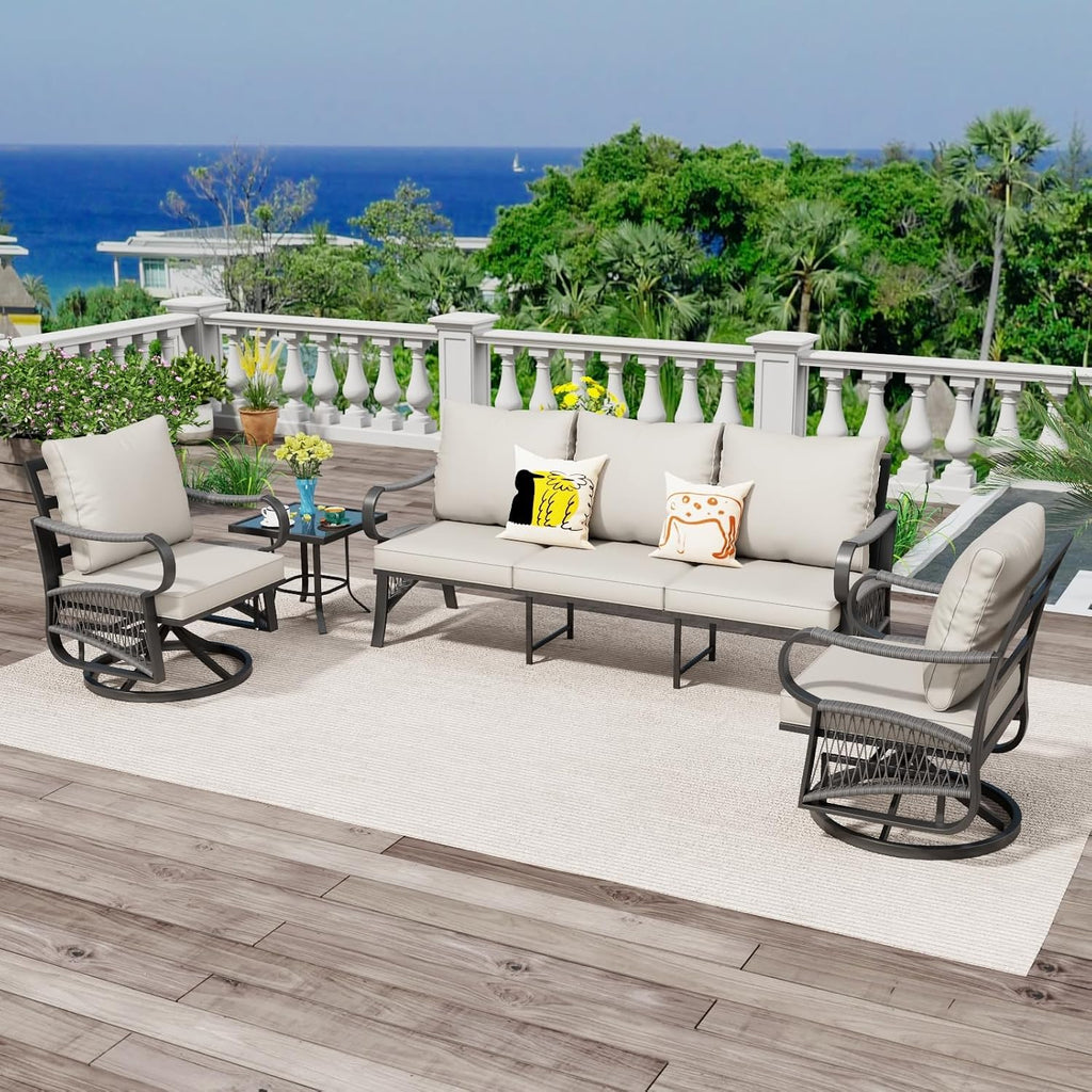 4 Piece Patio Furniture Set, All Weather Metal Outdoor Conversation Set with Swivel Chairs, Thick Cushions and Coffee Table for Garden, Porch, Lawn, Beige