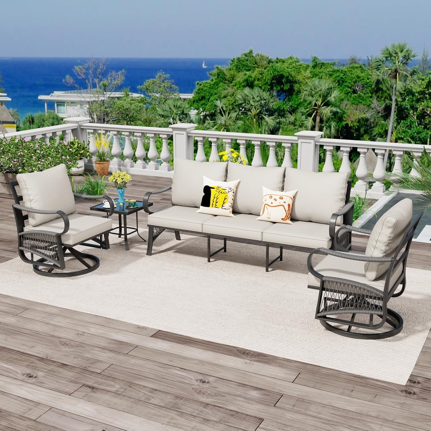 4 Piece Patio Furniture Set, All Weather Metal Outdoor Conversation Set with Swivel Chairs, Thick Cushions and Coffee Table for Garden, Porch, Lawn, Beige