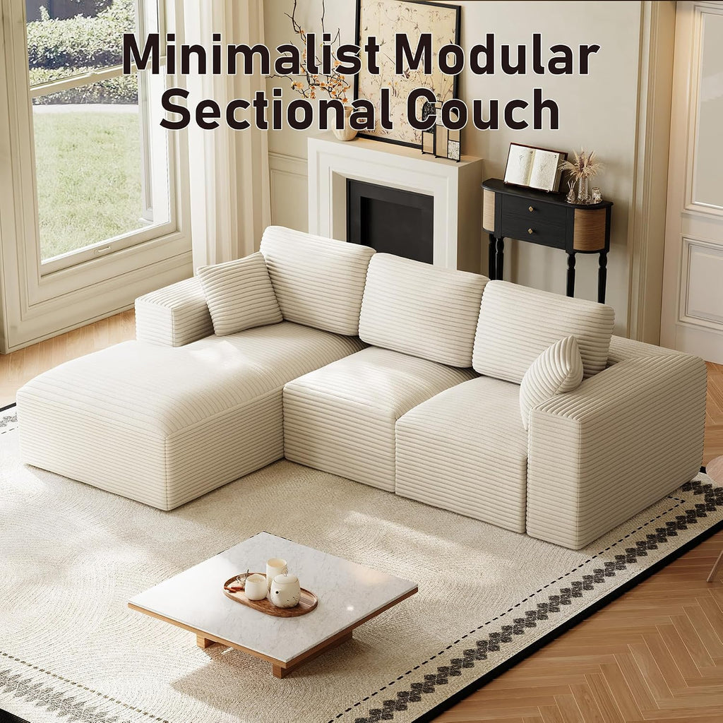 109' L-Shaped Boneless Cloud Sectional Couches, Comfy Corduroy Fluffy Modular Sectional Sofa with Left-Facing Chaise, Deep Seat Memory Foam Plush Couch for Living Room, Small Spaces, Beige White