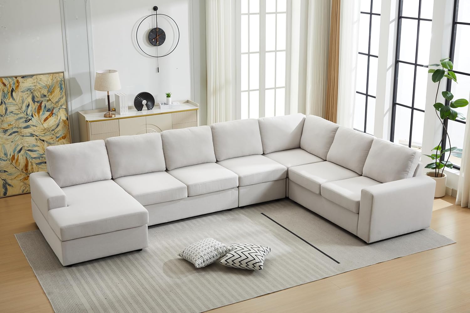 Ball & Cast 147' L-Shaped Sectional Couch for Living Room with Reversible Chaise & Removable Back Cushions,7 Seat Linen Upholstered Convertible Sectional Sofa Set,DIY Combination,for Home,Office,Beige