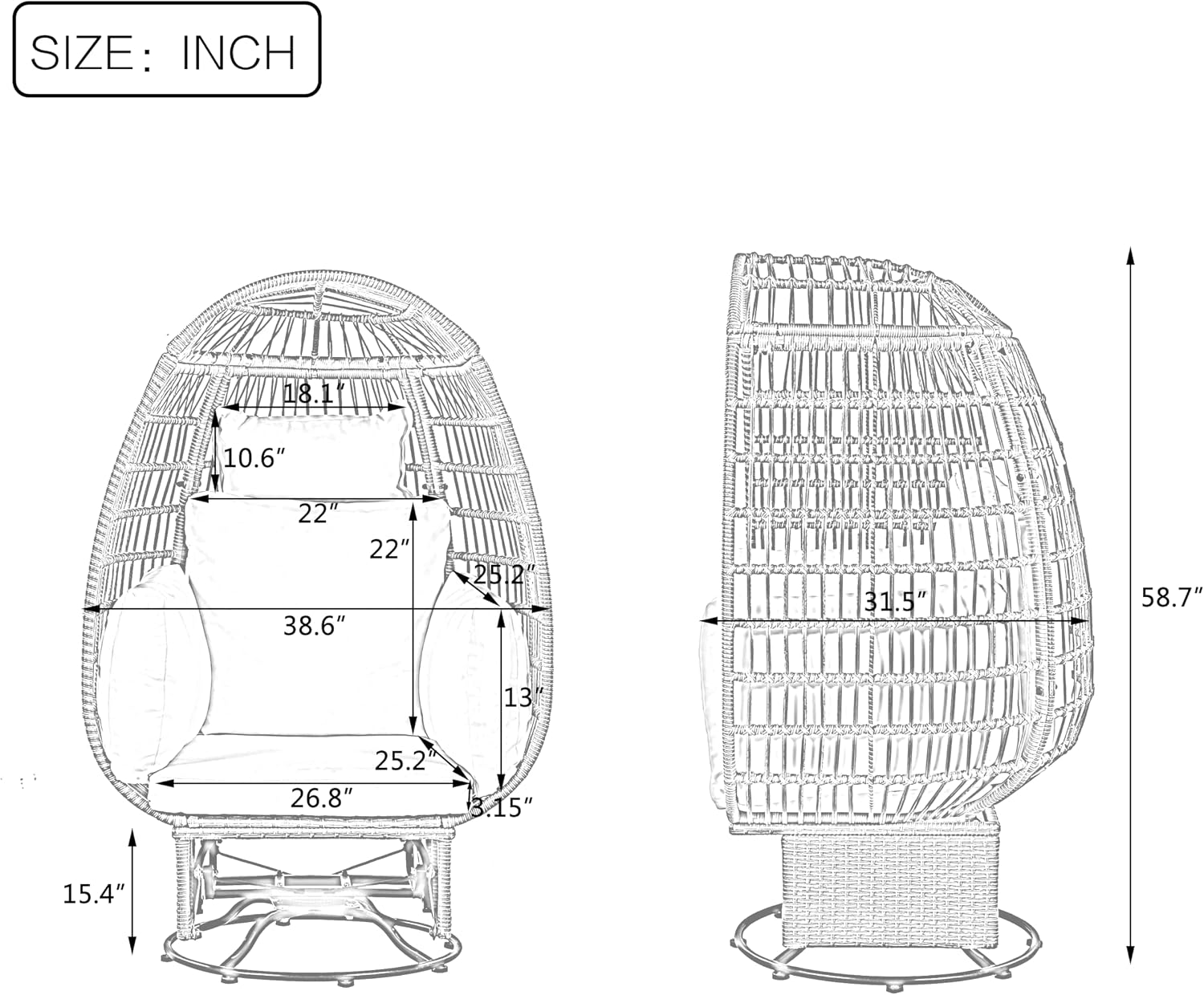 Outdoor Swivel Chair with Cushions, Rattan Egg Patio Chair with Rocking Function for Balcony, Poolside and Garden