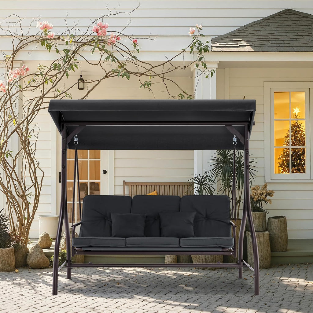 MCombo 3-Seat Outdoor Patio Swing Chair, 2-in-1 Convertible Porch Swing Glider Chair with Removable Cushions, Adjustable Canopy & Pillows for Backyard, Deck, Garden, 4068 (Black)