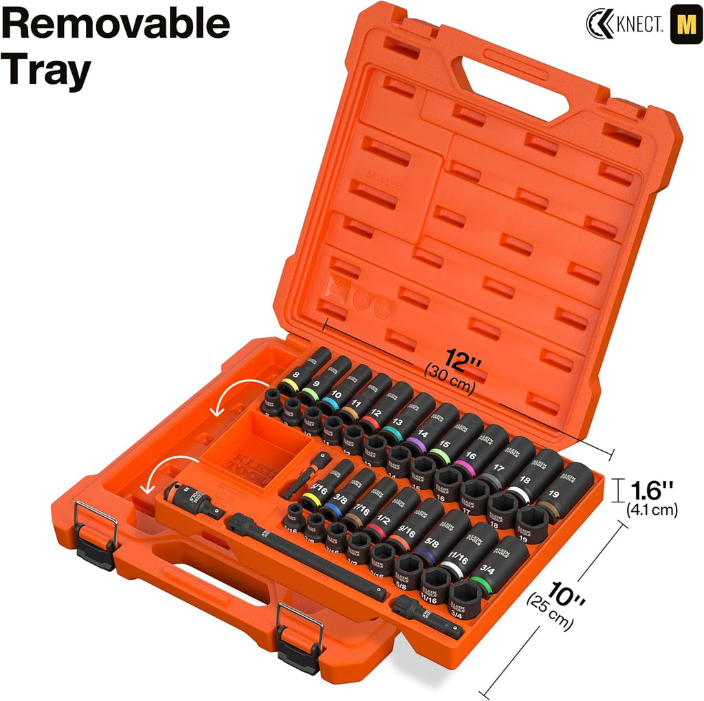Klein Tools 65148HD KNECT Deep-Well and Shallow Impact Socket Set, 3/8-Inch Drive, SAE and Metric, 44-Piece Tool Set, Impact Driver, Swivel Adapter, Wrench Extensions, Removable Socket Organizer