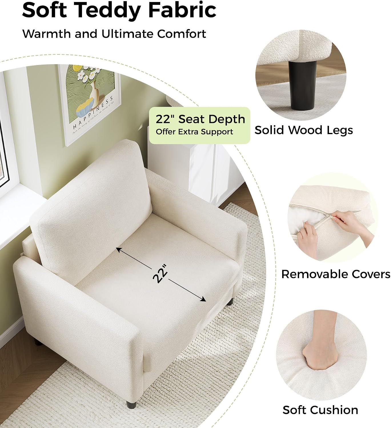Welzona Sofa Accent Chair, 33' Reading Chair for Bedroom, Tool-Free Setup Living Room Accent Chairs, Comfy Arm Chairs Living Room, All-Wood Reading Nook, Beige