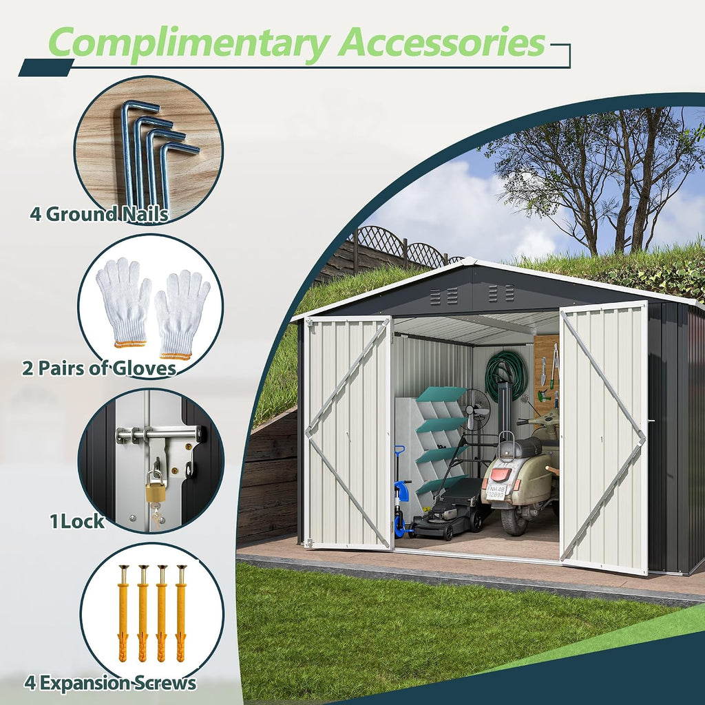 10x10 FT Shed Outdoor Storage Shed Metal Garden Shed with Lockable Doors & Slooping Roof Tool Shed Bike Shed for Backyard, Patio, Poolside (Black)