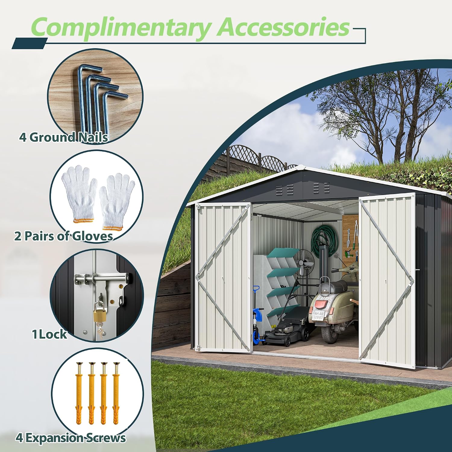 10x10 FT Shed Outdoor Storage Shed Metal Garden Shed with Lockable Doors & Slooping Roof Tool Shed Bike Shed for Backyard, Patio, Poolside (Black)