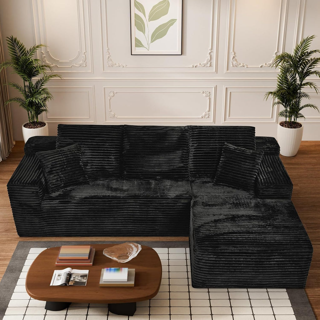 108' Boneless Couches for Living Room, L Shaped Comfy Cloud Modular Sectional Memory Foam Deep Seat Boneless Couch, No Assembly Required Boneless Sofa for Living Room with Right Facing Chaise, Black