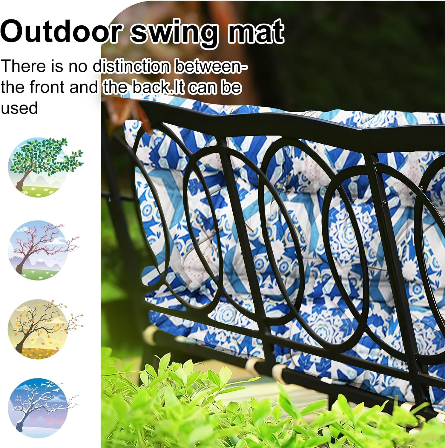 Waterproof Porch Swing Cushion Replacement, 2–3 Seat Swing Seat Cushion with Backrest & Ties, Thick Outdoor Bench Cushion for Patio Garden Porch (Boho Blue, 40 x 60 in)