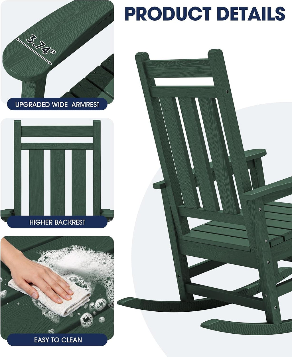 KINGYES Oversized Outdoor Rocking Chair, All-Weather Patio Rocking Chairs for Porch, HDPE Outdoor Patio Rockers with High Back & Wide Seat for Garden, Lawn, Green