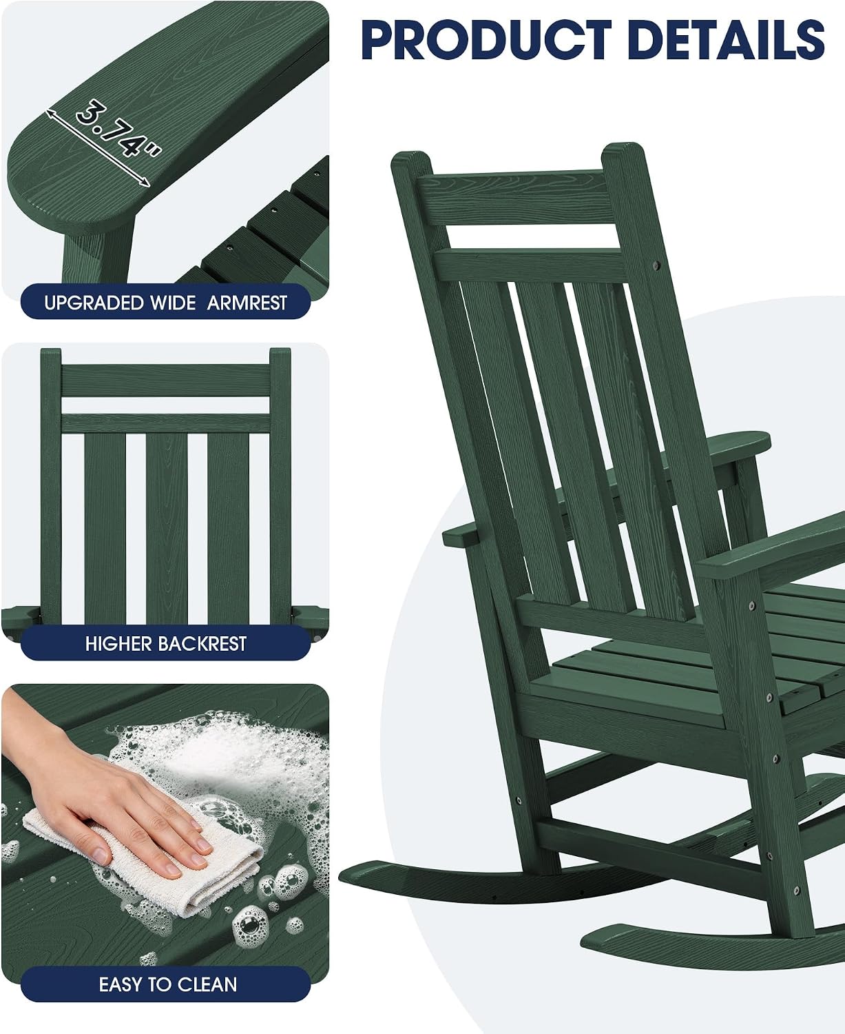 KINGYES Oversized Outdoor Rocking Chair, All-Weather Patio Rocking Chairs for Porch, HDPE Outdoor Patio Rockers with High Back & Wide Seat for Garden, Lawn, Green