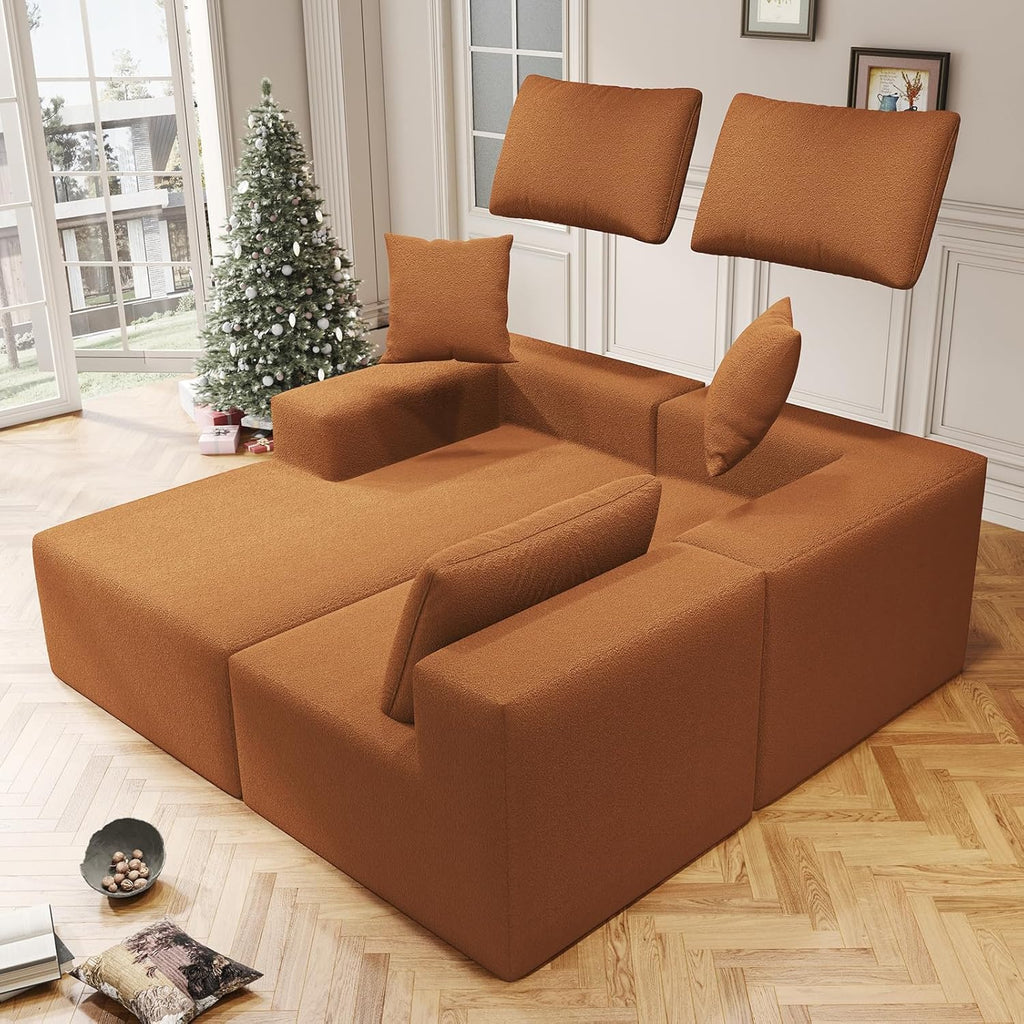108' Orange Boneless Cloud Couches for Living Room L Shapes Sectional Sofa with Chaise Lounge, Comfy Teddy Fabric Memory Foam Couch Including Throw Pillow and Backrest - Removable Washable