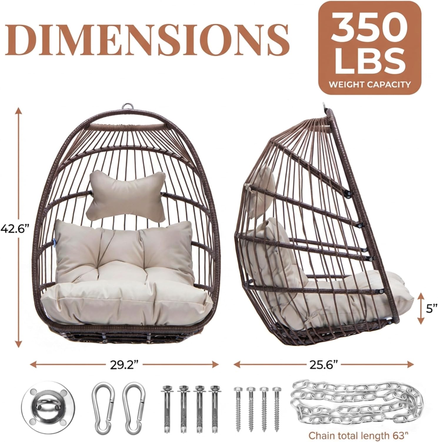 NICESOUL Egg Chair Without Stand Outdoor Indoor, Patio Wicker Swing Hanging Egg Basket Chairs No Stand, All Weather 350lbs Capacity Tree/Ceiling Chair for Outside Balcony Bedroom Xmas Gift, Brown