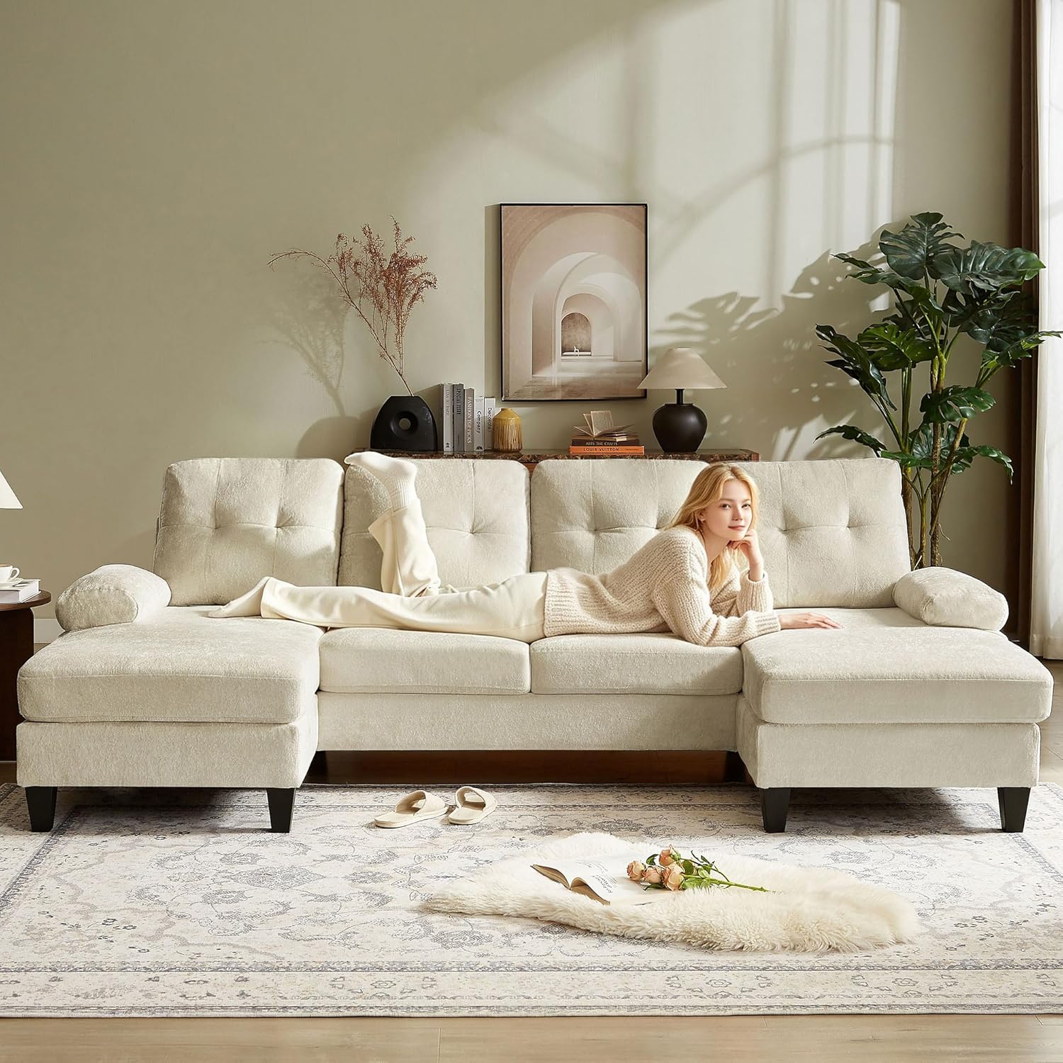 Sectional Couch for Living Room, Modern Polyester Fibre U Shaped Sofa Couches with Double Chaise, Upholstered 4 Seater Sofa for Living Room, Apartment, Office, Beige