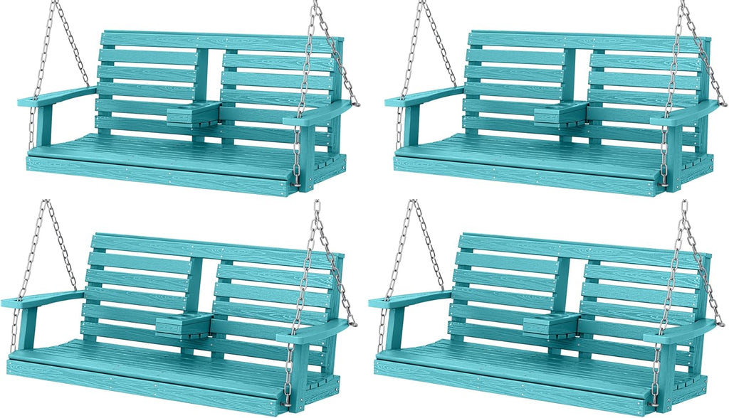 KINGYES Outdoor Hanging Porch Swing Set of 4, 2 Seat Patio Swing Recliner with Cup Holders, Waterproof Swing Recliner Bench for Courtyard & Garden, 660LBS Weight Capacity, Aruba Blue