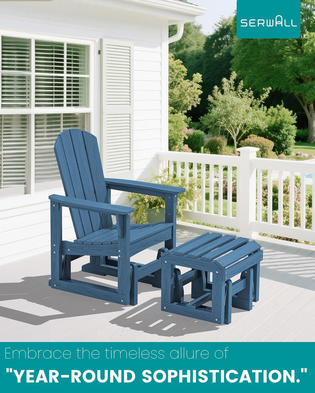 SERWALL Outdoor Glider Chair with Ottoman, HDPE Wood-Like Patio Glider Set All-Weather Porch Glider for Outside, Blue