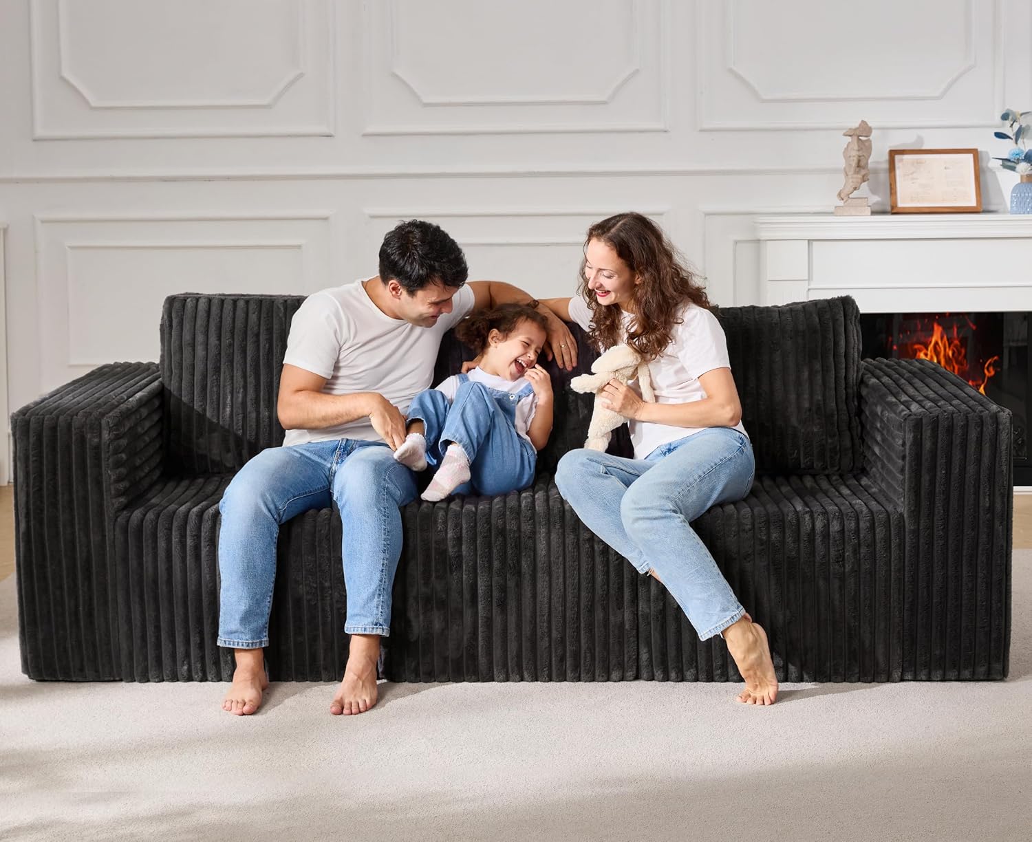 Modular Sectional Sofa 3-Seater Modular Couch with Deep Seat Memory Foam Cloud Chair with Pillows Oversized Sectional Sofa for Living Room Bedroom (Strip Grey, 3-Seater)