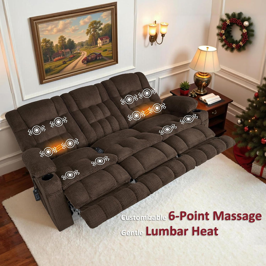MCombo 80.7' W 3 Seater Power Reclining Sofa with Heat and Vibration Massage, Zero Gravity Recliner Sofa Couch for Living Room, Fabric 6316M3 (Brown, 3-Seater)