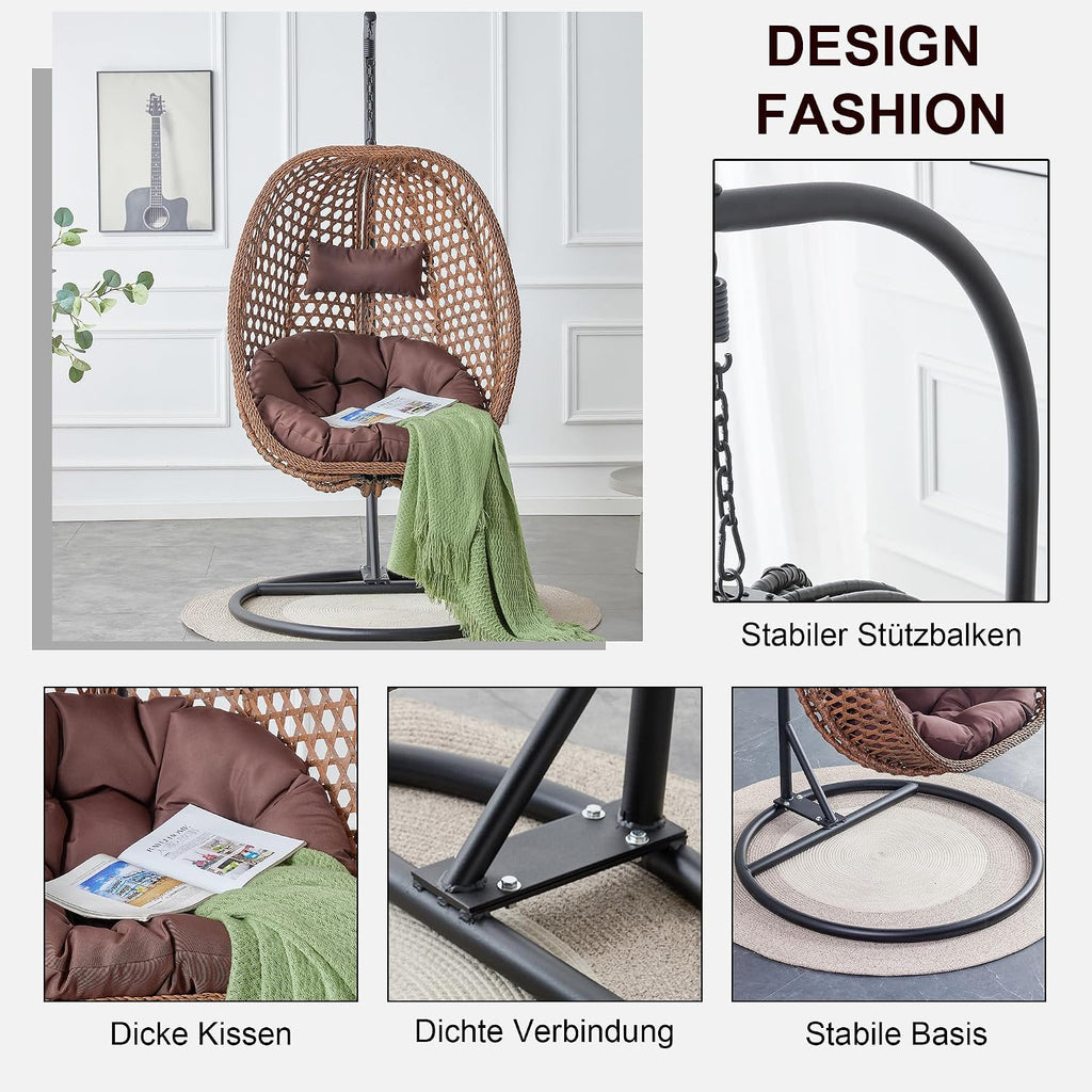 Egg Chair Indoor/Outdoor, Hanging Swing Chair for Bedroom, Patio & Balcony - Heavy Duty 350LBS, Brown