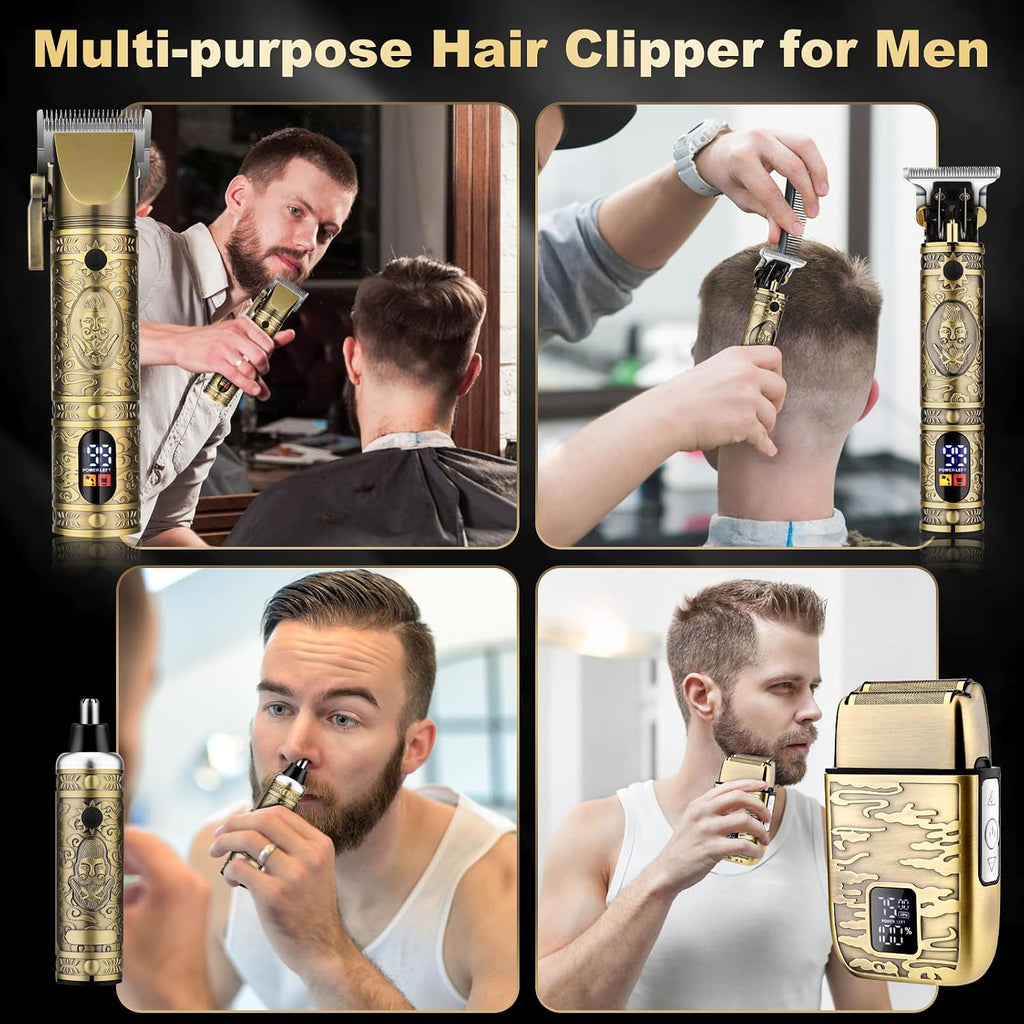 QREEYX Hair Clippers for Man T-Blade Trimmer Nose Hair Trimmer Electric Shaver Set, Professional Metal Body Barber Clippers Set for Haircut, Men's Grooming Kit with LCD Display, Ideal Gift for Him