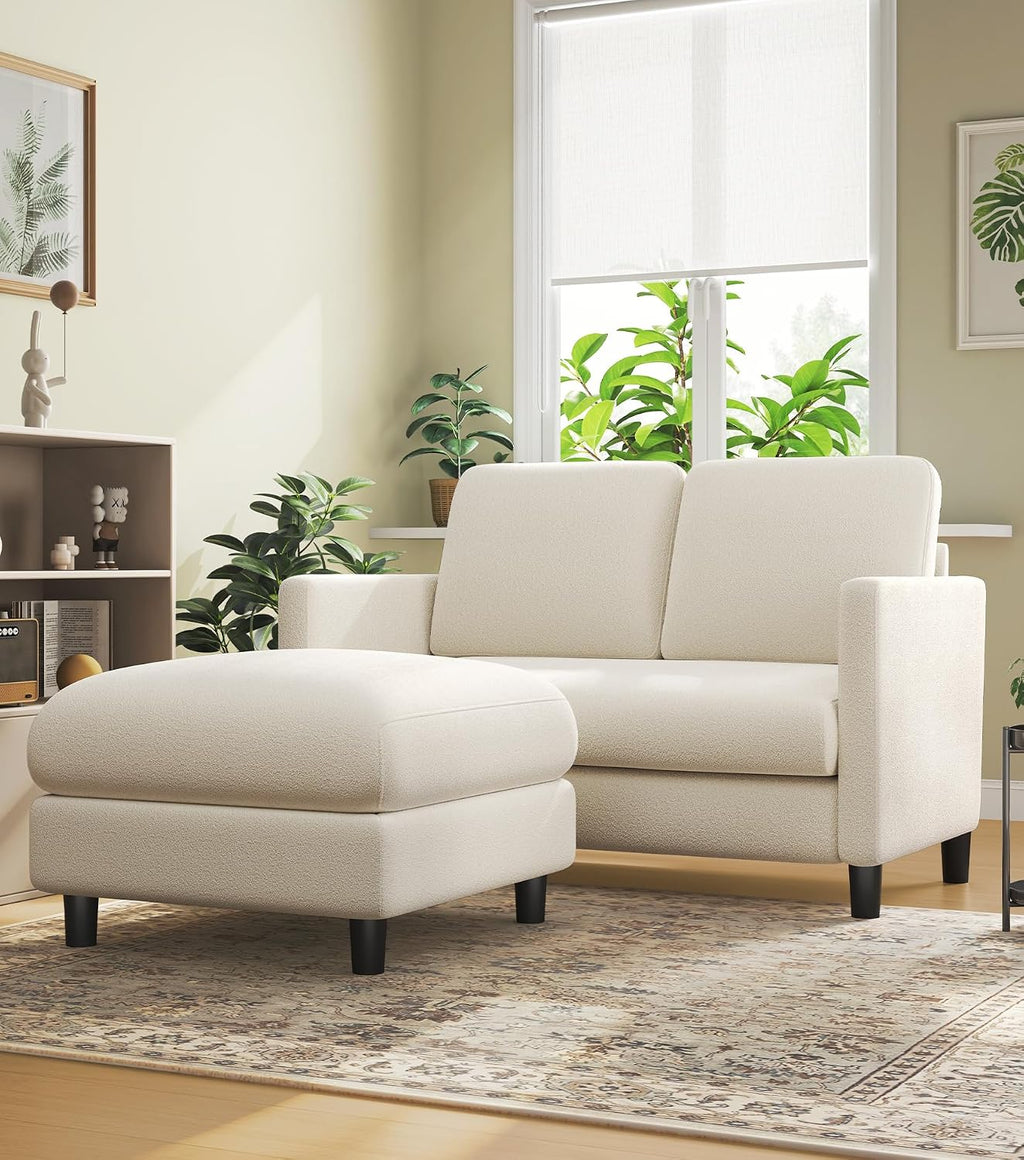 Welzona Loveseat, 51' Small L Shaped Couch, Comfy Teddy Love Seat with Ottoman Set, Tool-Free Setup Loveseat Sofa with Ottoman, All-Wood Small Sofa Couch for Bedroom, Couch for Living Room, Beige