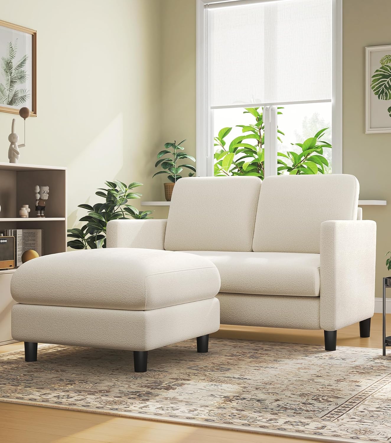 Welzona Loveseat, 51' Small L Shaped Couch, Comfy Teddy Love Seat with Ottoman Set, Tool-Free Setup Loveseat Sofa with Ottoman, All-Wood Small Sofa Couch for Bedroom, Couch for Living Room, Beige
