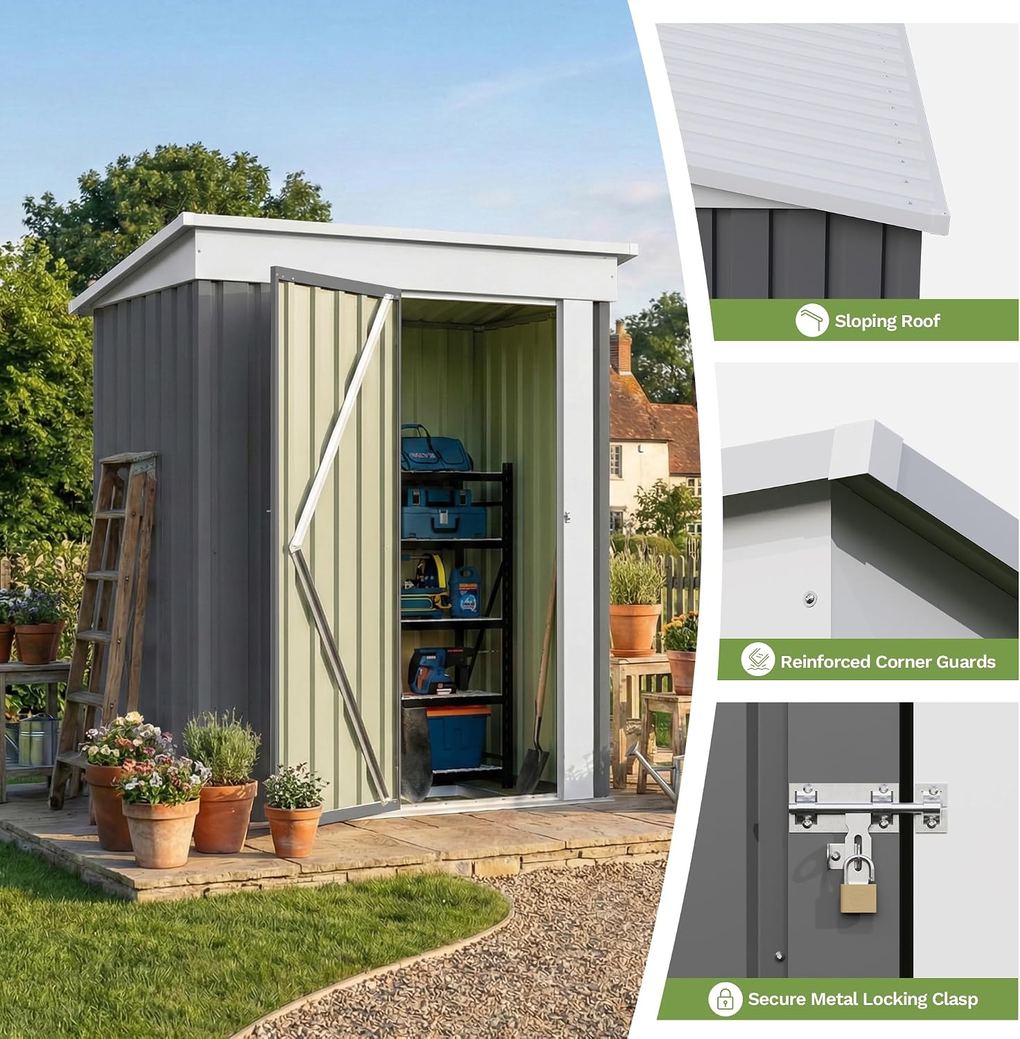 Devoko 5 x 3 FT Storage Sheds with Floor Frame, Waterproof Garden Tool Shed with Lockable Door, Outdoor Metal Small Shed for Backyard Patio Lawn, Gray