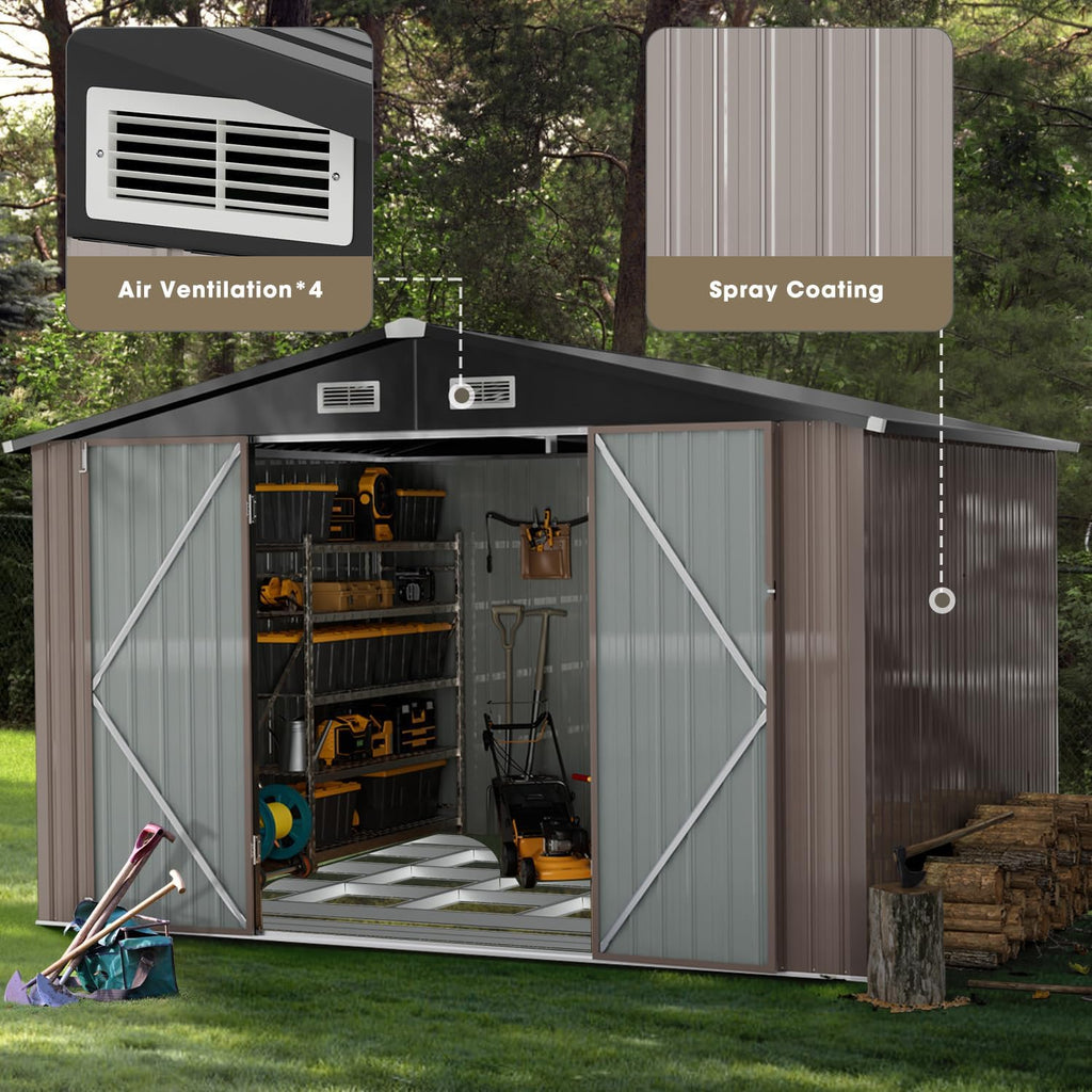 Outdoor Storage Shed 8x10 FT, Utility Steel Tool Shed with Lockable Door and Air Vents, Galvanized Metal Shed for Garden Backyard Patio Lawn (8' x 10') Brown,G37009-12
