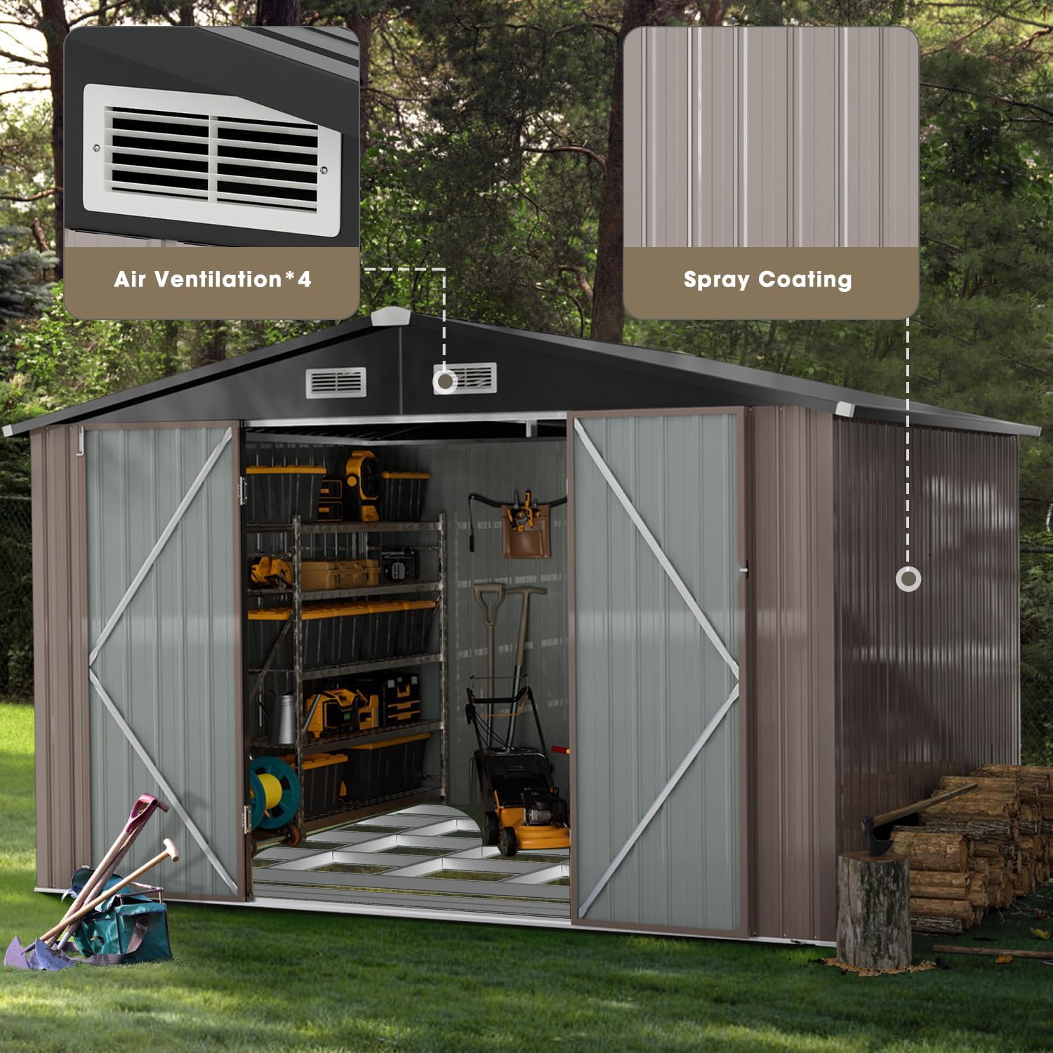 Outdoor Storage Shed 8x10 FT, Utility Steel Tool Shed with Lockable Door and Air Vents, Galvanized Metal Shed for Garden Backyard Patio Lawn (8' x 10') Brown,G37009-12
