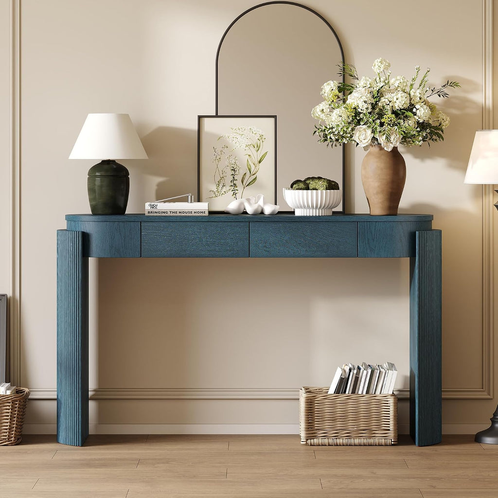 LKTART 55' Sofa Table with Oval Top and 2 Drawers, Entryway Console Table with Fluted Design for Hallway,Foyer,Entry and Living Room (Easy Assembled-Navy)