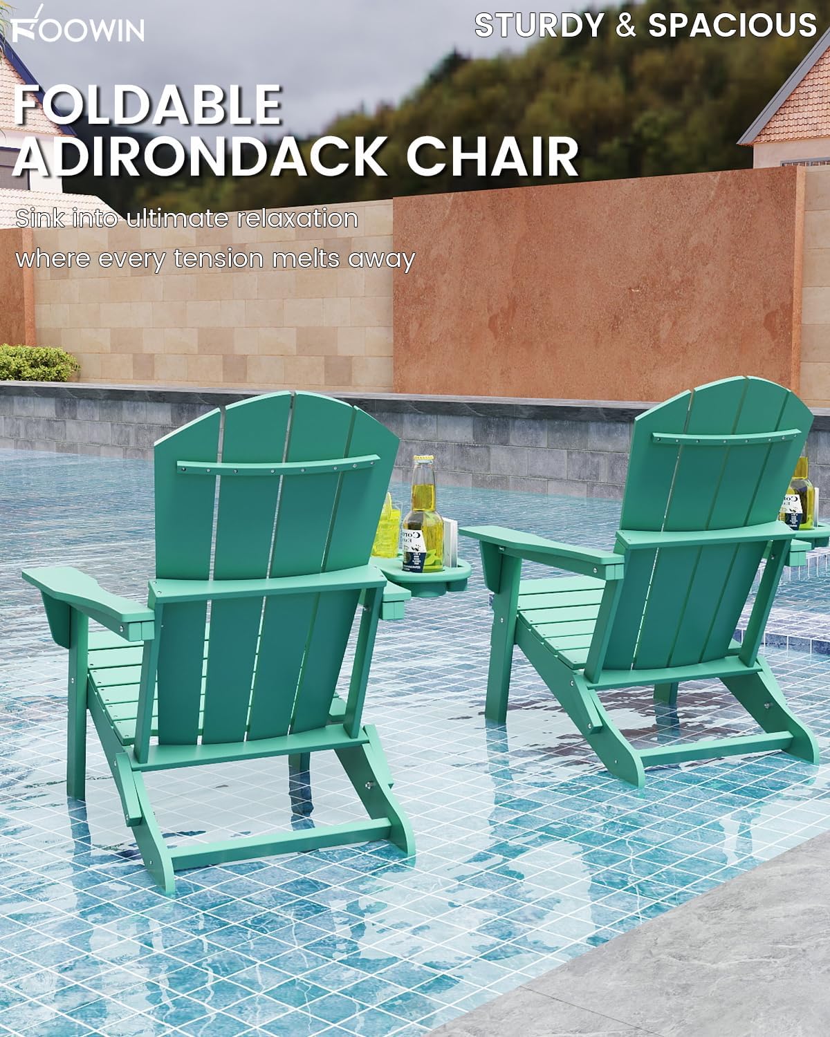 FOOWIN Folding Adirondack Chair Set of 4, HDPE Adirondack Chairs with Cup Holder, Weather Resistant Plastic Fire Pit Chairs for Outdoor, Patio, Lawn, Garden, Backyard, Deck, Lake Blue
